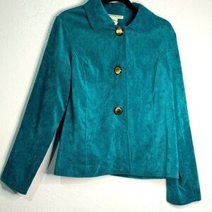 Requirements teal, soft corduroy jacket w/gold buttons. Sz L. Preowned.